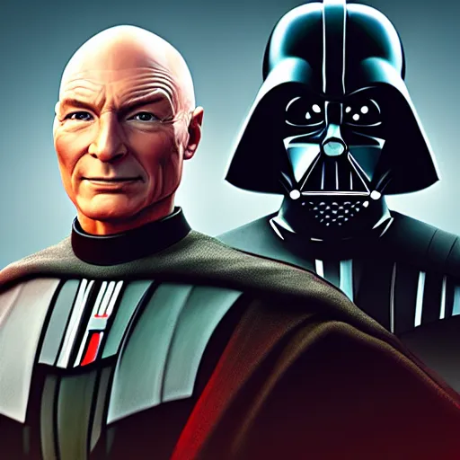 Image similar to a hyper real comic book style portait painting of captain picard and darth vader with the light sword, unreal 5, hyperrealistic, octane render, cosplay, rpg portrait, dynamic lighting