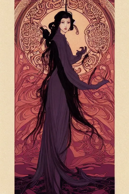 Prompt: full length portrait of a beautiful mysterious chinese fairy, no hands, by eve ventrue, michael carson, andreas rochas, john watkiss, casey weldon, artgerm. art nouveau. tarot card by mucha. gloomhaven. swirly intricate linework background. gaudy colors, sharp edges. octane render