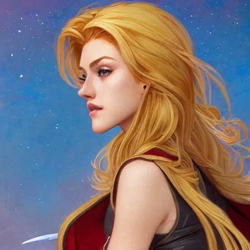 Prompt: Katherine McNamara with blonde hair as Super Girl, western, D&D, fantasy, intricate, elegant, highly detailed, digital painting, artstation, concept art, matte, sharp focus, illustration, art by Artgerm and Greg Rutkowski and Alphonse Mucha