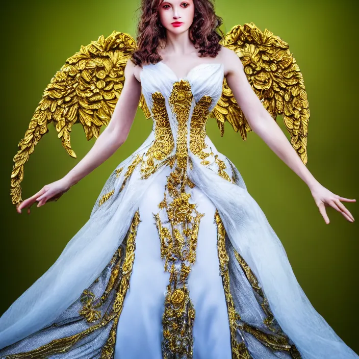 Prompt: full length photo of a very beautiful!! angel queen with ornate dress, highly detailed, 4 k, hdr, smooth, sharp focus, high resolution, award - winning photo