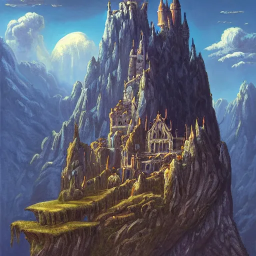 Prompt: a painting of a castle in the sky, a detailed matte painting by Ansel Adams, vampire bats, lake, behance contest winner, fantasy art, matte painting, matte drawing, storybook illustration