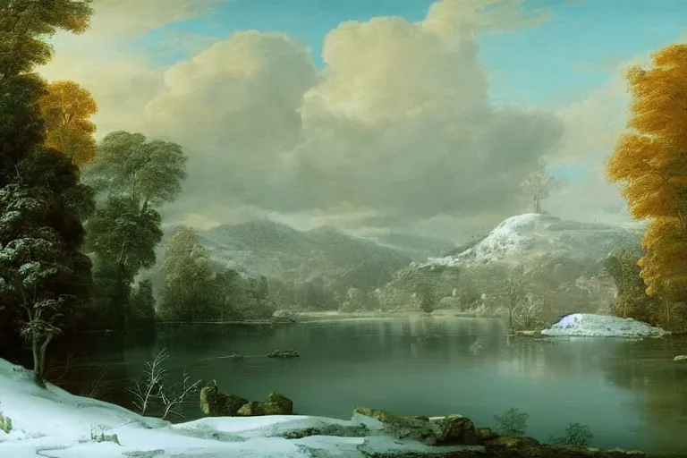 Image similar to beautiful landscape with winter and lake and tropical trees, mythology, fantasy, landscape background, vivid colors, digital painting, very detailed, realistic, high quality, by claude lorrain