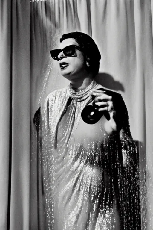 Prompt: Photograph of Umm Kulthum wearing sunglasses and singing in the shower by Annie Leibovitz