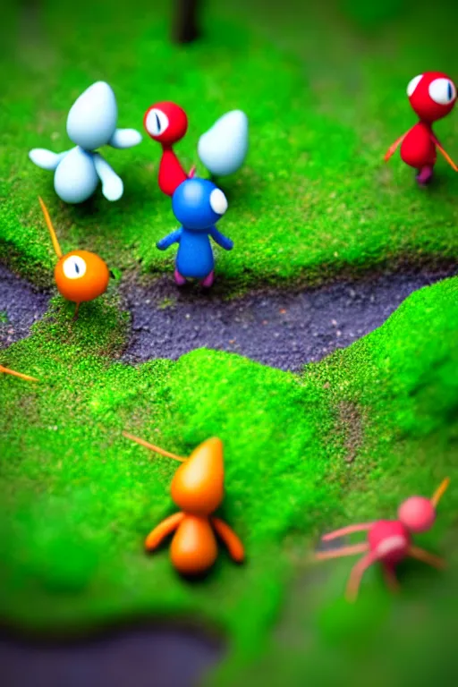 Image similar to claymation nintendo's pikmin on a forest floor, tilt shift photography