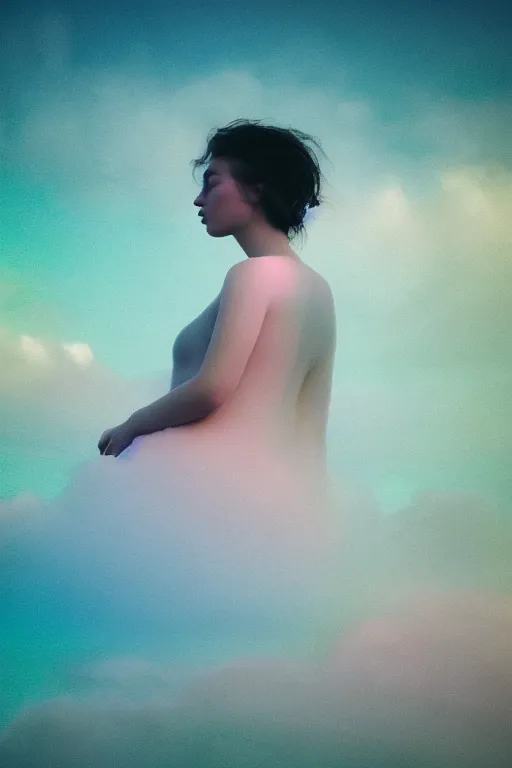 Image similar to high quality pastel coloured film close up wide angle photograph of a model wearing clothing swimming on cloud furniture in a icelandic black rock!! environment in a partially haze filled dreamstate world. three point light, rainbow. photographic production. art directed. pastel colours. volumetric clouds. pastel gradient overlay. waves glitch artefacts. extreme facial clarity. 8 k. filmic.