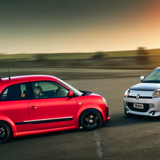 Image similar to a film still of the fast and furious ( 2 0 1 1 ), of a renault twingo 9 3 with neon lights and a huge spoiler, tuning, day time, 9 0 mm, f 4. 0, golden hour lighting, highly detailed, 4 k