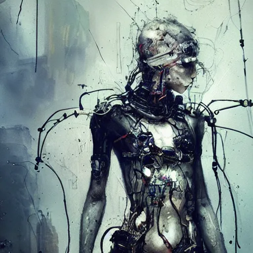 Prompt: female cybernetic dream hunter, cyberpunk, wires, skulls!! machines ( by emil melmoth zdzislaw belsinki craig mullins yoji shinkawa ) realistic render ominous detailed photo atmospheric by jeremy mann francis bacon and agnes cecile ink drips paint smears!! digital glitches glitchart!!