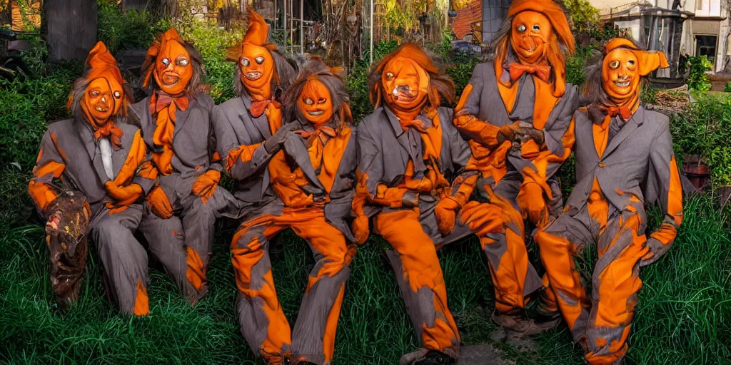 Image similar to photo of oompa loompas, creepy!!!, scaly!!!, gritty!!!, menacing!!!, evil, ultra realistic, gritty, outside of chocolate factory, golden hour, volumetric lighting, sharp focus