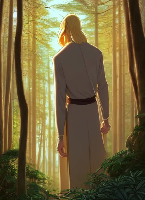 Image similar to slender young man with shoulder length shiny and sparkling golden blond hair, from behind, wearing wizard robes, lost in a forest, natural lighting, path traced, highly detailed, high quality, digital painting, by don bluth and ross tran and studio ghibli and alphonse mucha, artgerm