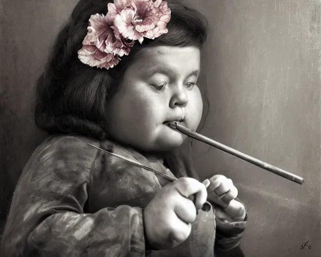 Image similar to very stylized old photo portrait of a fat sweet little girl painting a house on the wall, full body. long shot. beautiful hands, flowery cloth. subsurface scattering shiny skin. beautiful lighting, 4 k post - processing, trending in art station, cg society, highly detailed, 5 k extremely detailed, 3 d. cinematic scene. sharp details. bokeh