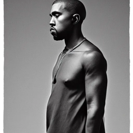 Image similar to a chiaroscuro lighting portrait of kanye west dressed as rick owens, black background, portrait by julia margaret cameron, shallow depth of field, 8 0 mm, f 1. 8