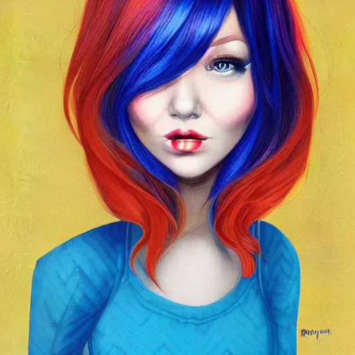 Image similar to illustrated portrait of orange-skinned devil woman with blue hair cut in a bob by rossdraws