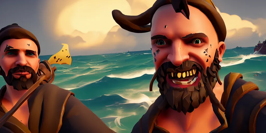 Image similar to selfie of a sea of thieves character, sea of thieves screenshot, storm, unreal engine, digital art