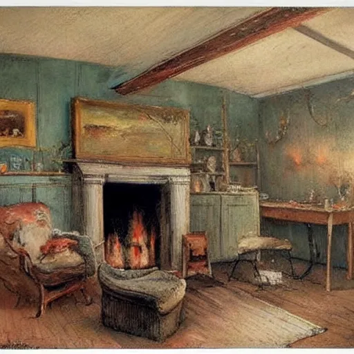 Image similar to (((((((knome house living room with blazing fireplace with books))))))) . muted colors. by Jean-Baptiste Monge !!!!!!!!!!!!!!!!!!!!!!!!!!!!!!!!!!!!!!!! ((((((((((((((((((watercolor sketch))))))))))))))))))