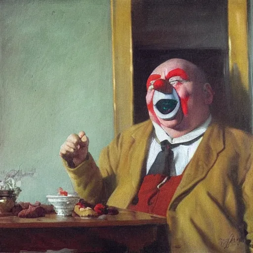 Prompt: capitalist clown glutton, a painting by illya repin