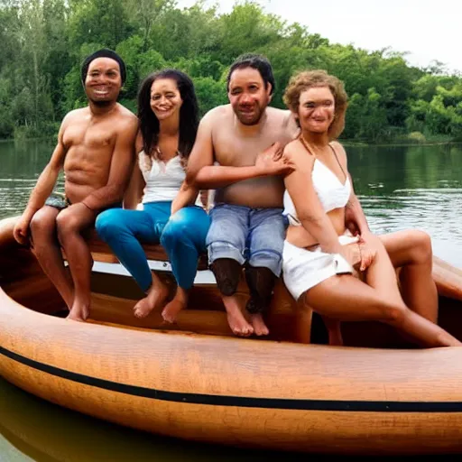 Image similar to four people on a wooden raft