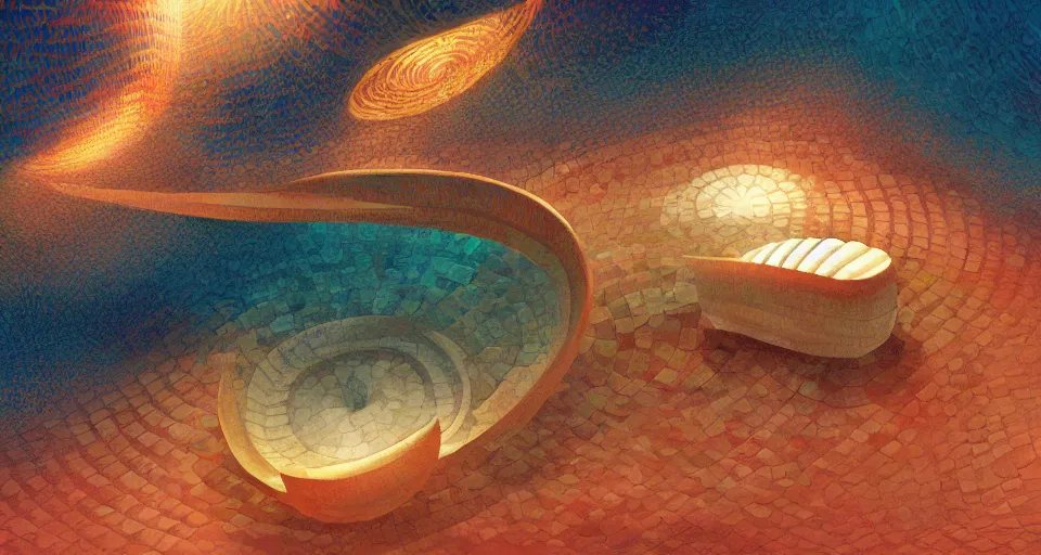 Image similar to digital painting of a tiny sacred spiral, procedural seashell house surrounded by dreamy coral, syd mead, tadao ando, cell shaded graphics, concept art, minimalist, golden ratio