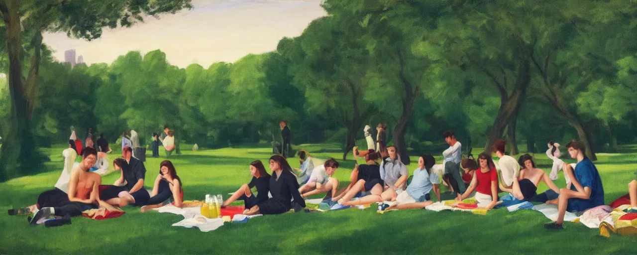 Image similar to a young generation z group of friends having a picnic in a central park manhattan new york on friday mid - summer of 2 0 2 2, in the style of an edward hopper painting