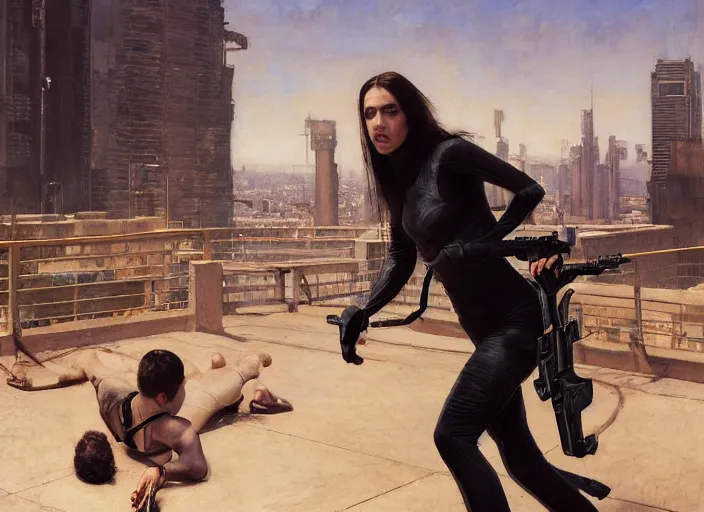 Prompt: Maria evades sgt Nash. Cyberpunk hacker in orange jumpsuit escaping menacing police troopers (blade runner 2049). beautiful face. Rooftop free running. Orientalist portrait by john william waterhouse and James Gurney and Theodore Ralli and Nasreddine Dinet, oil on canvas. Cinematic, hyper realism, realistic proportions, dramatic lighting, high detail 4k