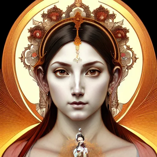 Image similar to intense portrait of the white tara, intricate, elegant, highly detailed, my rendition, digital painting, artstation, concept art, smooth, sharp focus, illustration, art by artgerm and greg rutkowski and alphonse mucha