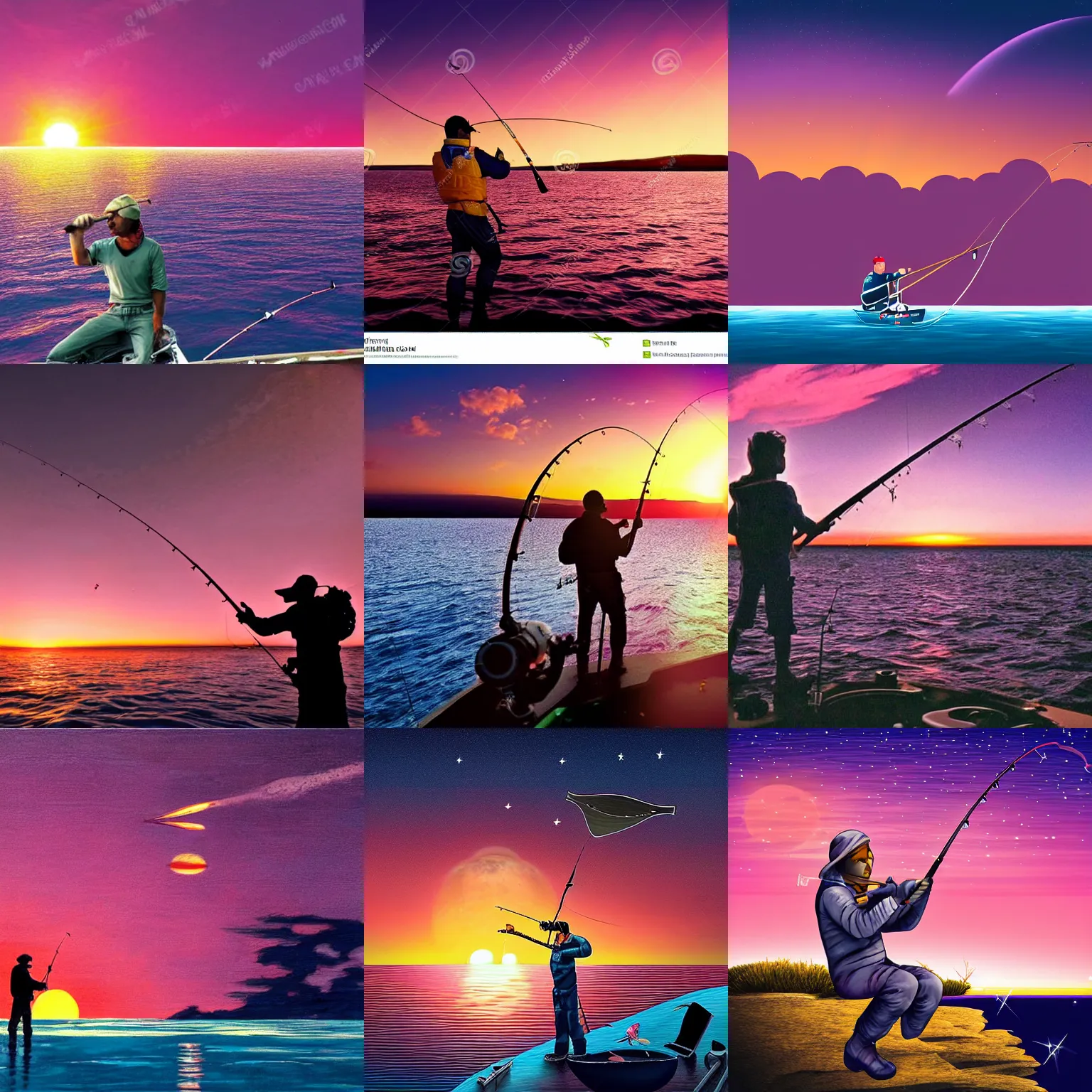 Prompt: Astronout fishing on the edge of the planet with pink sunset background