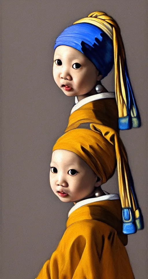 Image similar to A portrait of a lovely Asian baby girl imitating Girl with a Pearl Earring, realistic detailed oil painting, dark background, 4k,