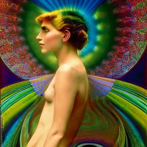 Image similar to extremely beautiful futuristic super schizophrenic psychedelic prismatic superhuman, lush detail, national geographic, steichen, herb ritts, roger deakins, anne leibovitz, alphonse mucha, sharp focus, ultra - realistic, hyperrealism, isotonic, beautiful madwoman