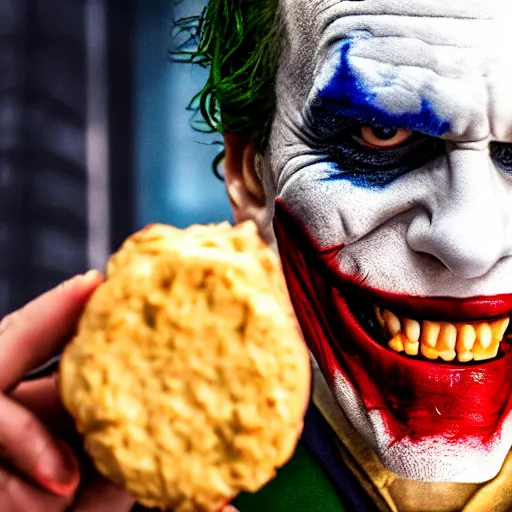 Prompt: cinematic shot of the joker biting into a flour biscuit, 8 k, very detailed, very intricate,