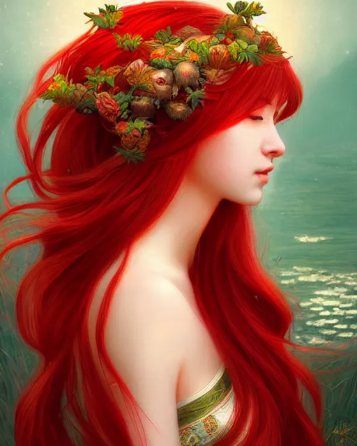 Image similar to the goddess of summer, with lotus on her head, red hair, half - length head portrait, dreamy, beautiful, by wlop