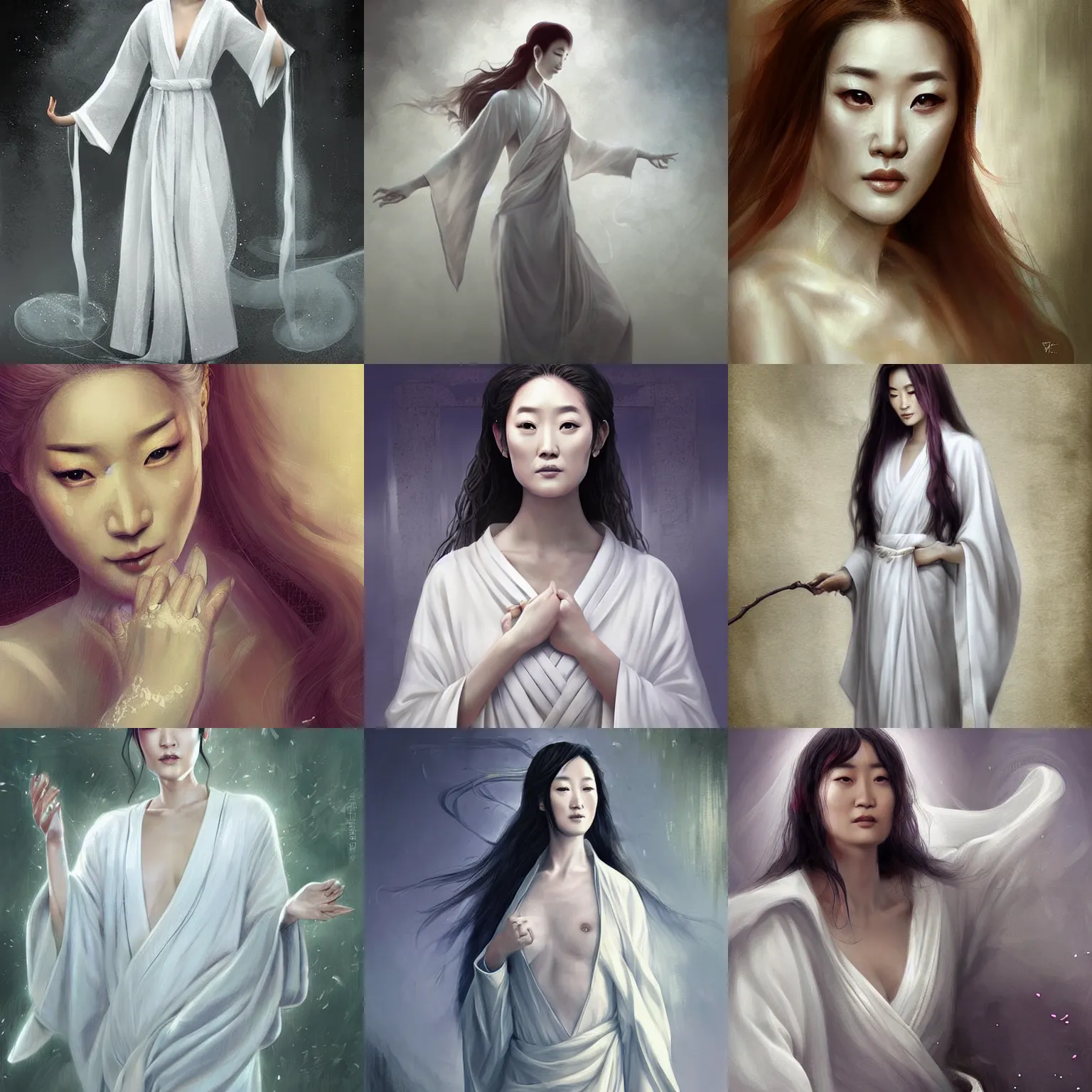 Prompt: Gong Li, white daoist robes, beautiful, ethereal, digital painting, highly detailed, full body, by Charlie bowater