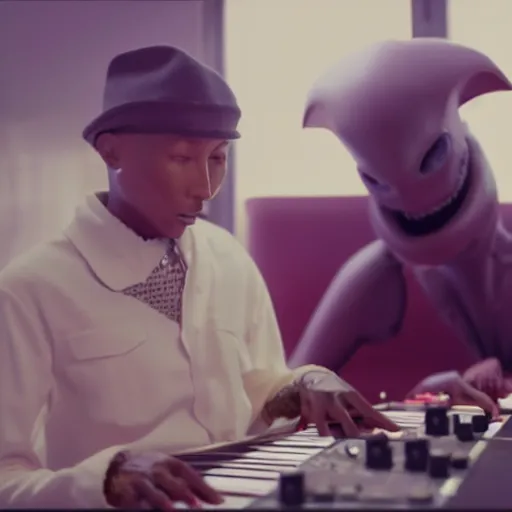 Image similar to cinematic film still of Pharrell Williams Making A Beat with an anthropomorphic alien, Japanese VFX, 2018, 400mm lens, f1.8, shallow depth of field,film photography