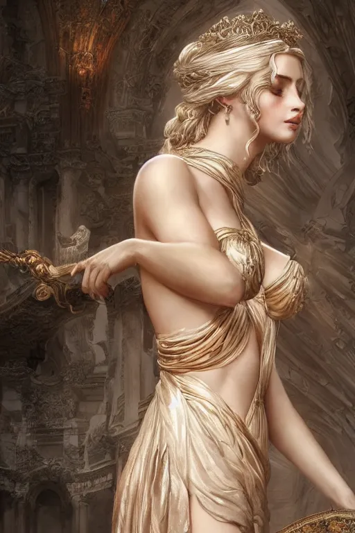 Prompt: aphrodite goddess beautiful gown very sensual, high resolution, uhd, digital illustration, in the style of greg rutkowski, fantasy, amazing detail, epic, intricate, elegant, perfect symmetrical face, hyper realistic, hyperdetailed, style of laura sava, smooth, sharp focus
