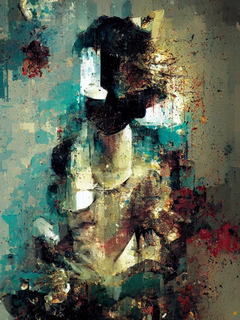 Image similar to a beautiful glitched painting by robert proch of a woman in a glitched bathroom, metal rust and plaster materials, pixel sorting, color bleeding, brushstrokes by jeremy mann, still life, dark colors