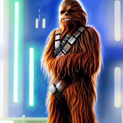 Image similar to chewbacca dressed in a medical gown in laboratory, vivid color, highly detailed, digital painting, artstation, concept art, matte, sharp focus, impressionnisme, art by artgem