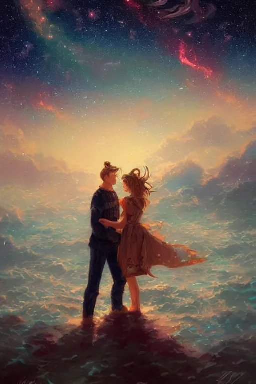 Prompt: man and woman sea and night sky with stars and galaxies, ornate detailed background, trending on artstation, by rossdraws, thomas kinkade