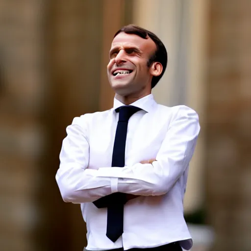 Prompt: Emmanuel Macron in a maid outfit laughing, photograph