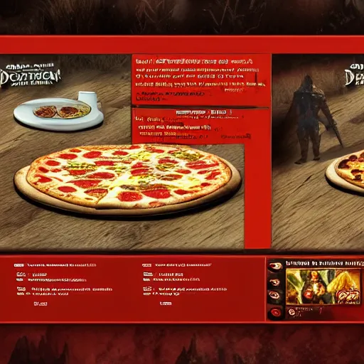 Prompt: pizza hut promotional crossover pizza shield retrieval side quest skyrim video game screenshot the elder scrolls