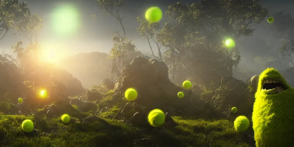 Prompt: a cinematic poster photo of 8 k ultra realistic tennis ball monsters, exotic, cinematic lighting, trending on artstation, 4 k, hyperrealistic, focused, high details, unreal engine 5, cinematic, alien planet atmosphere in background, 3 d render