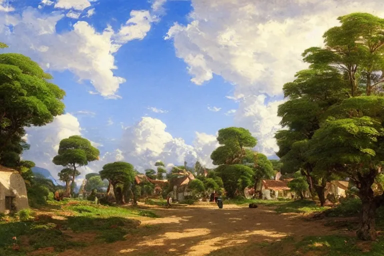 Image similar to a beautiful landscape of a tiny futuristic village in the french countryside during spring season, painting by studio ghibli backgrounds and frederic edwin church hd and louis remy mignot hd, nice spring afternoon lighting, smooth tiny details, soft and clear shadows, low contrast, perfect