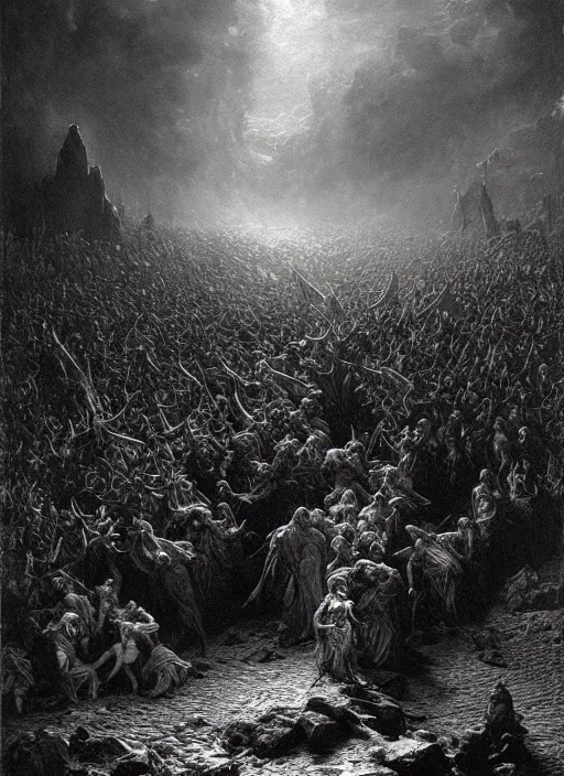 Image similar to hell, epic scene, photorealistic, highly detailed, texture, soft light, dramatic, moody, ambient, painting by gustave dore