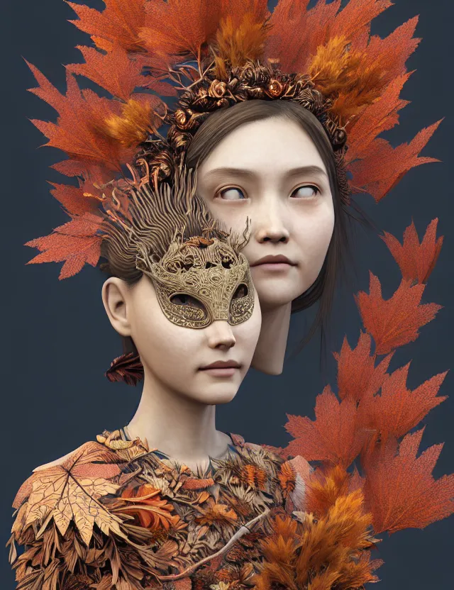 Image similar to 3 d goddess close - up profile portrait of young girl wearing a beautiful intricately detailed japanese autumn mask, fall leaves, thistles, phoenix, dried plants, foxes, wind, creature, artwork by tooth wu and wlop and beeple and greg rutkowski