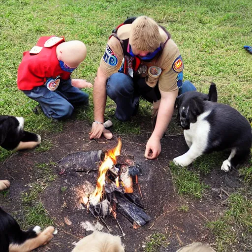 Prompt: puppies that are Boy Scouts building a campfire