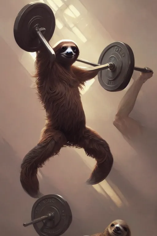 Image similar to anthro sloth lifting weights, dim dingy gym, dynamic pose, fantasy, intricate, elegant, highly detailed, digital painting, artstation, concept art, matte, sharp focus, illustration, art by artgerm and greg rutkowski and alphonse mucha