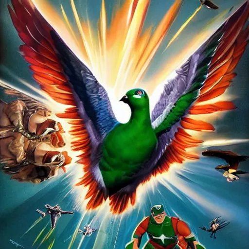 Image similar to action pigeon hero Michael Bay movie poster featuring Marvel Majestic Fat Pigeon in a extravagant full pigeon body green suit by Alex Ross, oil painting