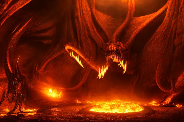 Prompt: realistic fiery balrog at the bottom of a huge long corridor in the mines of moria, 3 d octane render, photorealistic, style of h. r. giger