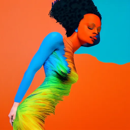 Image similar to beautiful model girl body art fabric skin turns into dress with colouful plastic bad folds heavy brushstrokes style of jonathan zawada, thisset colours simple background gradient objective light orange and blue amber colours