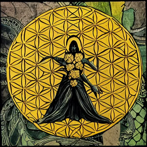 Image similar to death holding the flower of life