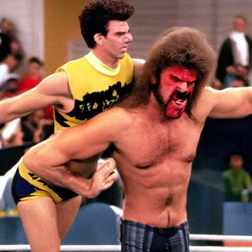 Prompt: kramer from seinfeld wrestling hulk hogan from wwf