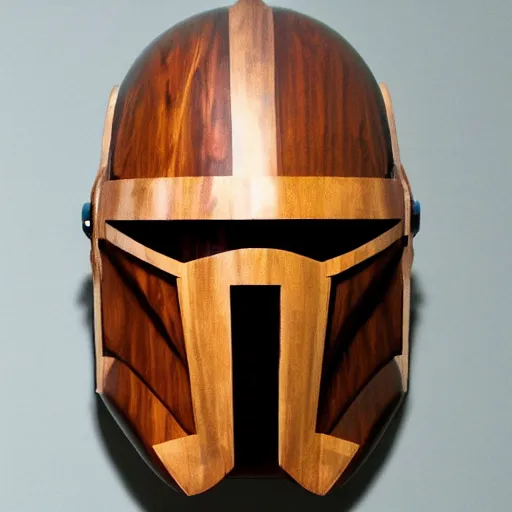 Image similar to a completely made of wood, real - world sculpture bust of the mandolorian star - wars character, made of highly polished walnut wood, polished, cedar, polished tiger - wood. photograph, photographic, 3 5 mm