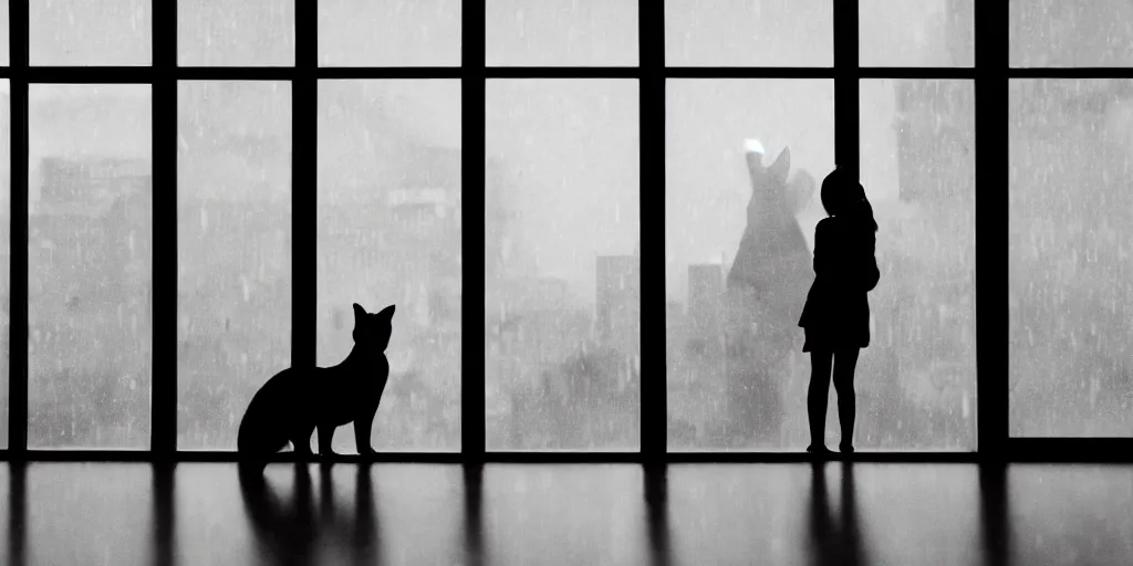 Prompt: silhouette of a girl and her cat, looking out a window on a rainy day, inside a cozy apartment, with a city view. atmospheric, moody, cozy, rainy day, backlit, multiple colors